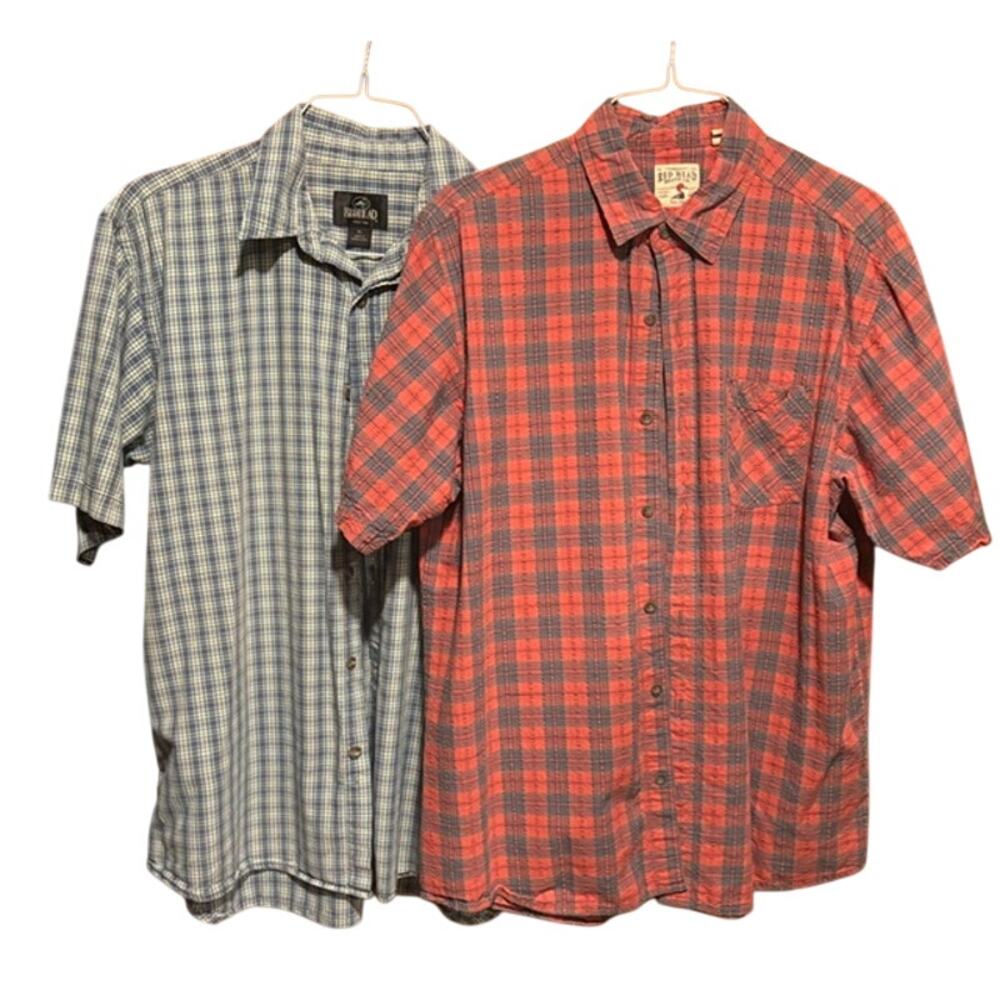 Red Head Brand lot 2 Mens Short Sleeve Front Button XL Shirts Red Blue Plaid